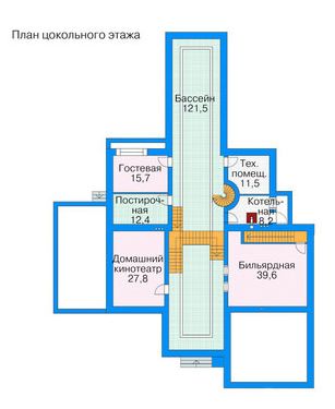 Проект комфортабельного дома с большим бассейном, бильярдной, домашним кинотеатром, тренажерным залом и зимним садом / План цокольного этажа