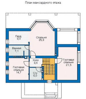 Проект комфортабельного дома с цокольным этажом, просторной террасой, гаражом для одной машины / План мансардного этажа