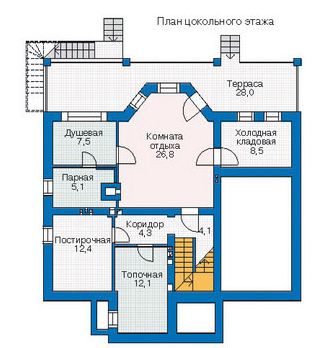 Проект комфортабельного дома с цокольным этажом, просторной террасой, гаражом для одной машины / План цокольного этажа
