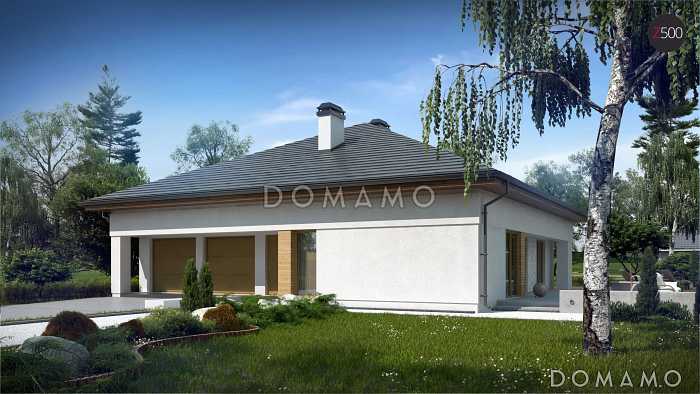 Проект большого одноэтажного дома из кирпича с тремя спальнями, кабинетом и гаражом на два автомобиля