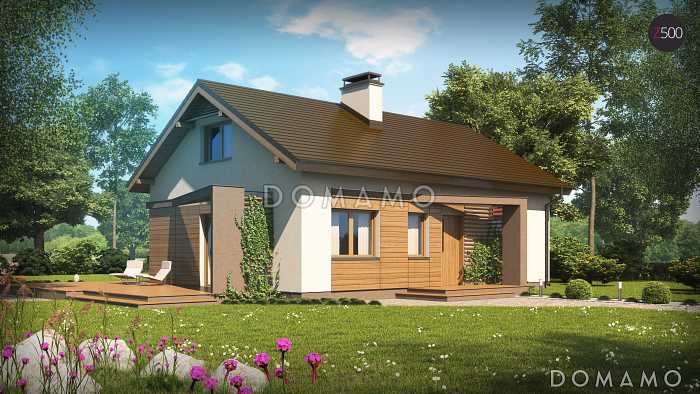 Проект компактного одноэтажного дома из кирпича с оригинальной открытой террасой по периметру