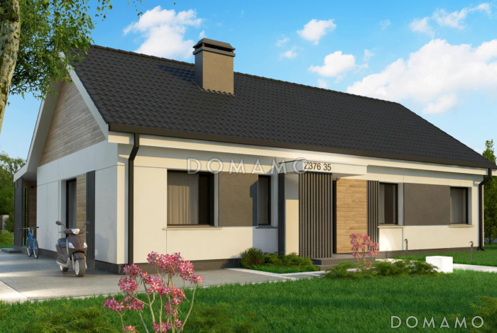 Проект одноэтажного дома с разделением спален и дневной зоны, террасой, угловой кухней