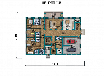 Проект большого одноэтажного дома с мансардой и гаражом на два автомобиля / План 1 этажа