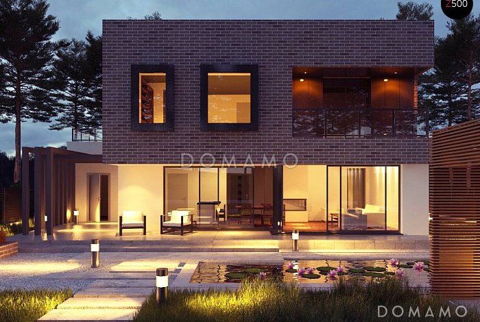 Проект современного двухэтажного дома из кирпича с плоской крышей,  с четырьмя спальнями, кабинетом и гаражом