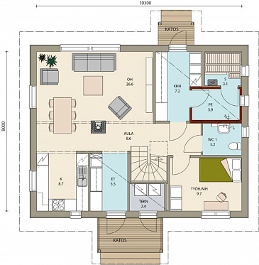 Проект каркасного дома маленькой кухонной зоной / План 1 этажа