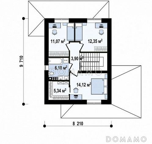 Проект двухэтажного дома с кабинетом, террасой, ванной с окном / План 2 этажа