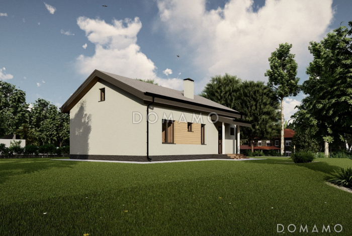 Проект компактного дома с тремя спальнями и проходной кухней-гостиной