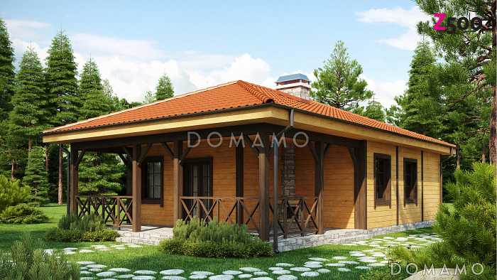 Проект компактного одноэтажного дома из кирпича с барбекю на большой террасе