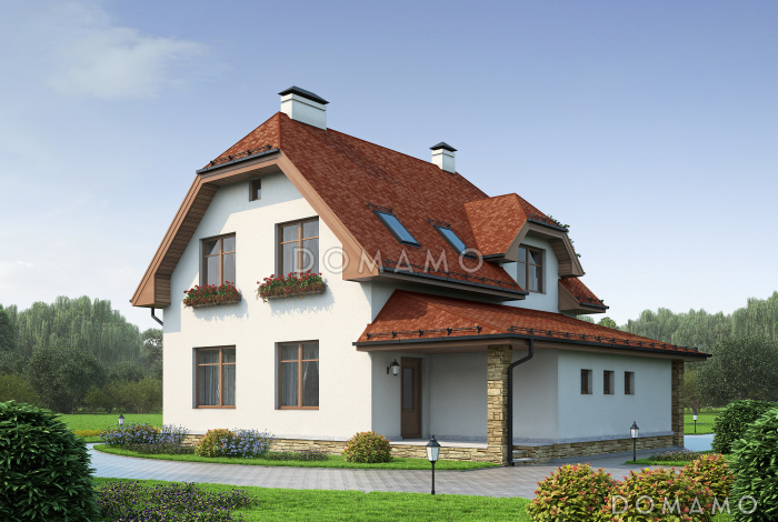 Проект дома из пеноблоков с мансардой, гаражом с подъемными воротами