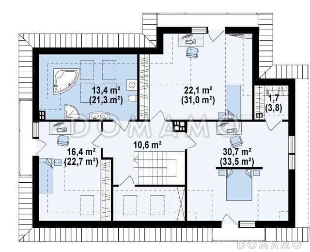 Проект просторного одноэтажного мансардного коттеджа из газобетона с пятью спальнями и гаражом на два автомобиля / План мансардного этажа
