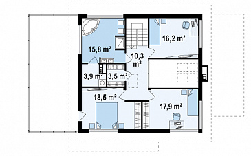 Проект простого комфортного двухэтажного дома из газобетона с тремя спальнями, вторым светом, большим гаражом и террасой над ним / План 2 этажа