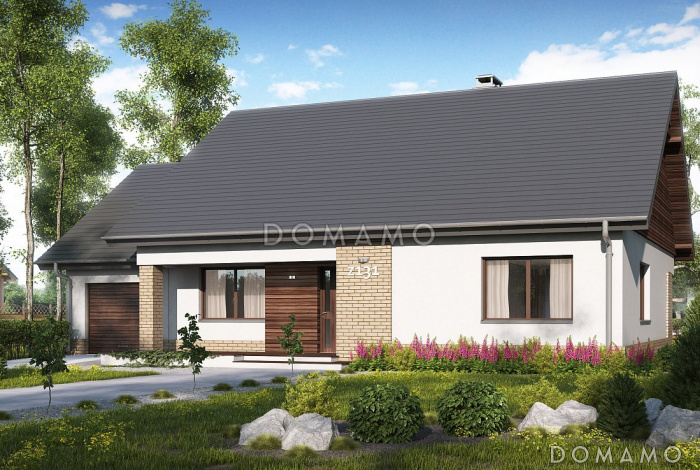 Проект одноэтажного дома из кирпича с тремя спальнями и гаражом, с возможностью обустроить мансарду