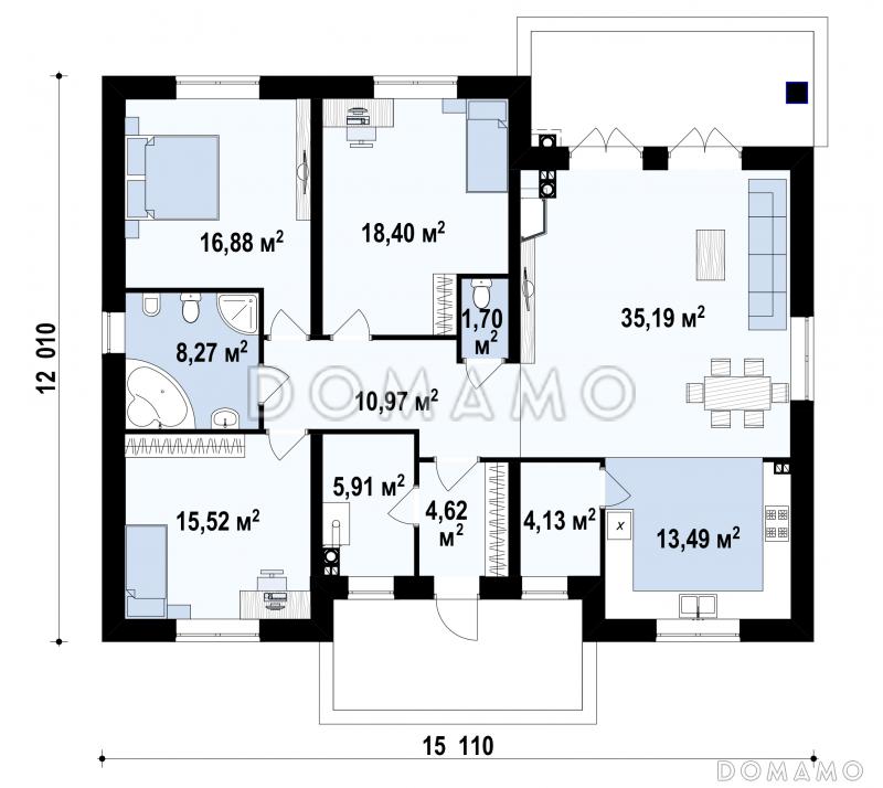 Проект одноэтажного дома из газобетона с тремя спальнями и небольшой крытой угловой террасой / План 1 этажа