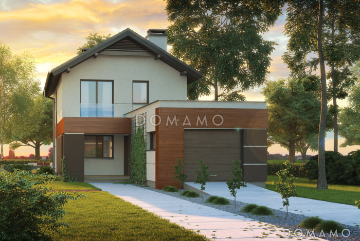 Проект небольшого двухэтажного дома из газобетона с тремя спальнями и балконом, с гаражом