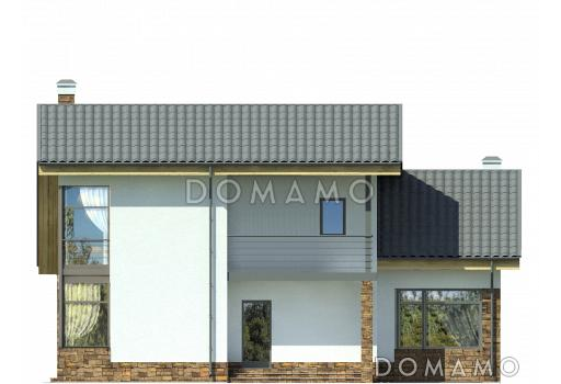 Проект дома с крытой террасой, спальней на первом этаже, постирочной, балконом / Фасад 1