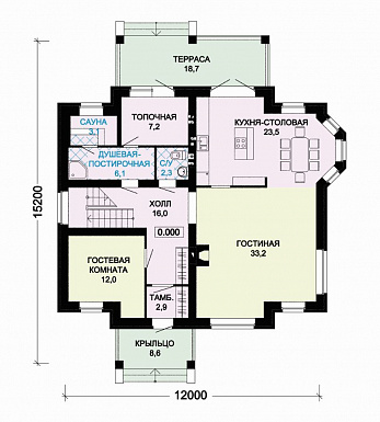 Проект дома из пеноблоков с террасой и сауной / План 1 этажа
