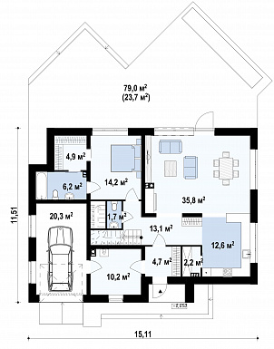 Проект мансардного дома в стиле шале из кирпича с дополнительной спальней на первом этаже, вторым светом и гаражом / План 1 этажа