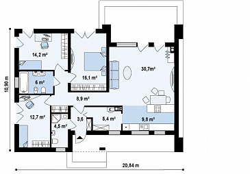 Проект просторного современного одноэтажного дома из газобетона с  тремя спальнями, без гаража / План 1 этажа