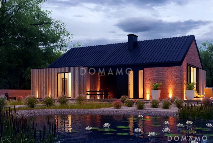 Проект кирпичного дома в стиле барнхаус с кабинетом, комнатой отдыха и увеличенной котельной