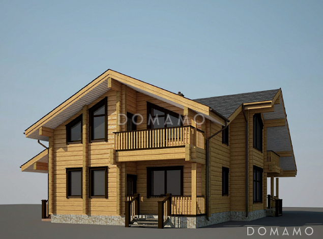 Проект дома из клееного бруса с угловой террасой