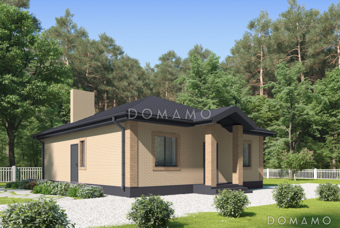 Проект загородного дома с кухней-столовой в ширину дома, тремя спальнями, двумя санузлами