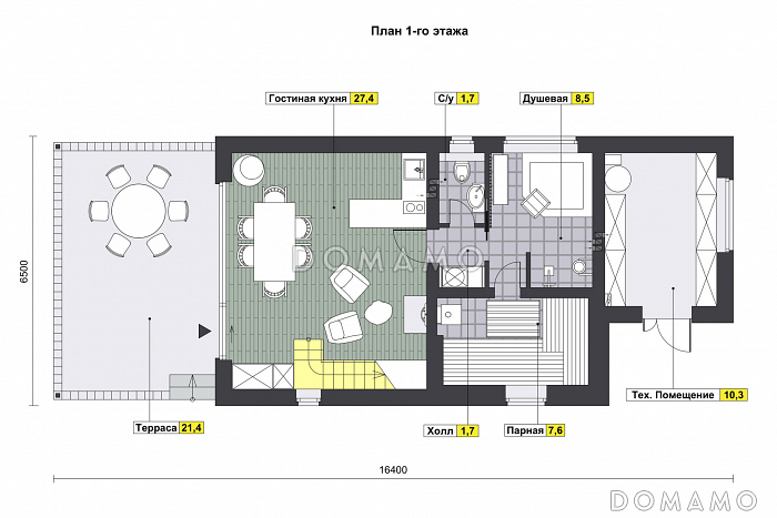 Проект бани с большой кухней-гостиной, террасой и комнатой на антресоли / План 1 этажа
