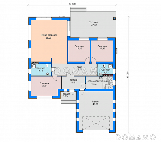 Проект одноэтажного дома с широкой террасой, кухней-столовой, гаражом / План 1 этажа