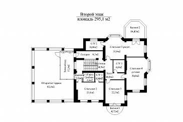Проект двухэтажного особняка в классическом стиле, с бассейном, зимним садом и просторной террасой второго этажа  / План 2 этажа