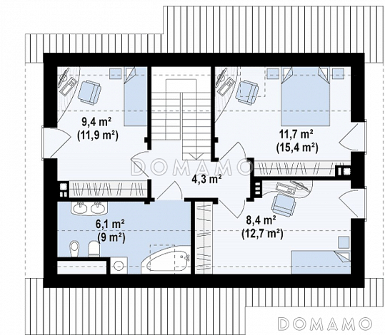 Проект компактного одноэтажного мансардного дома из газобетона с кабинетом и тремя спальнями и большой котельной / План мансардного этажа