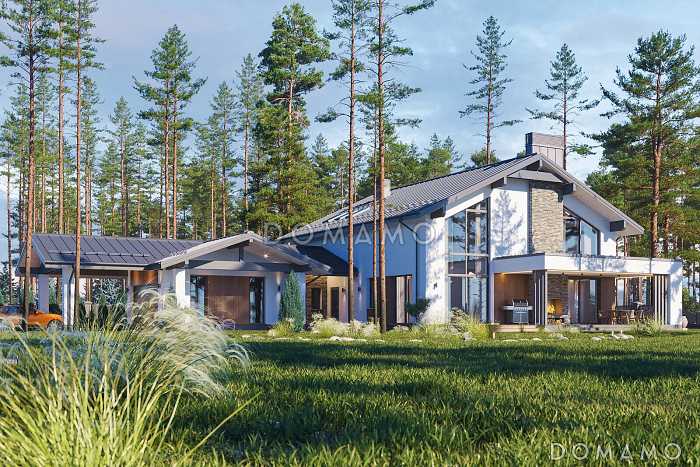 Проект каркасного дома с 3 спальнями, сауной, гаражом и навесом для автомобилей