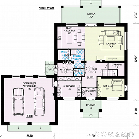 Проект кирпичного двухэтажного особняка с двойным гаражом / План 1 этажа