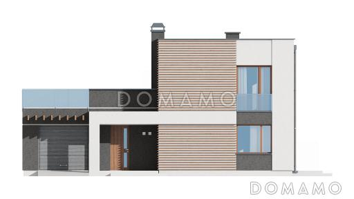 Проект современного двухэтажного дома из газобетона с тремя спальнями и террасой над одноместным гаражом / Фасад 1