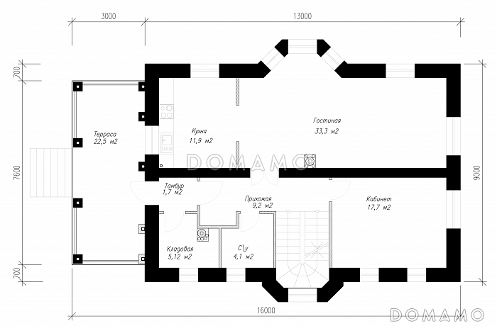 Проект  коттеджа с подвалом и террасой / План 1 этажа