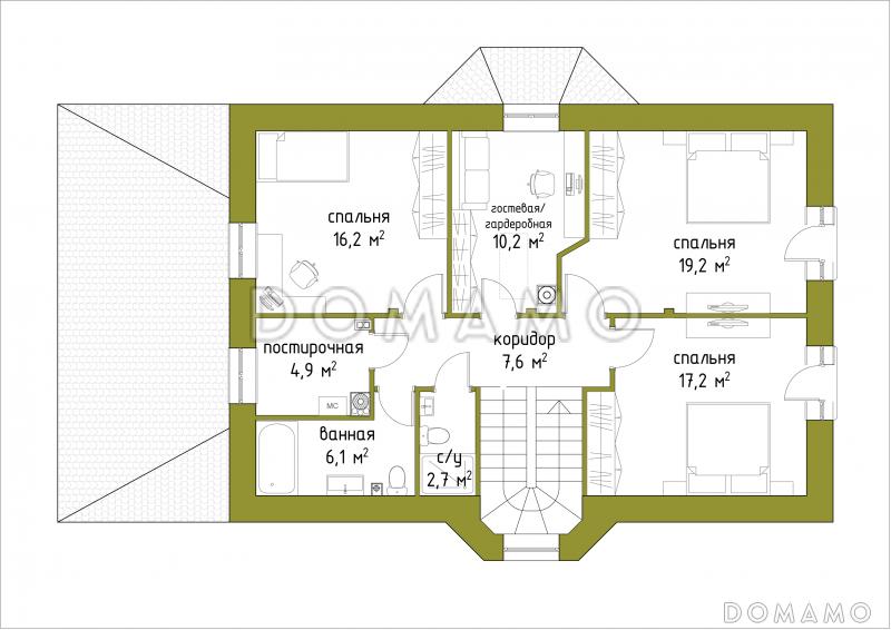 Проект коттеджа из кирпича с французскими балконами и большим кабинетом первого этажа / План мансардного этажа