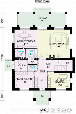 Проект трехэтажного загородного дома из газобетона / План 1 этажа