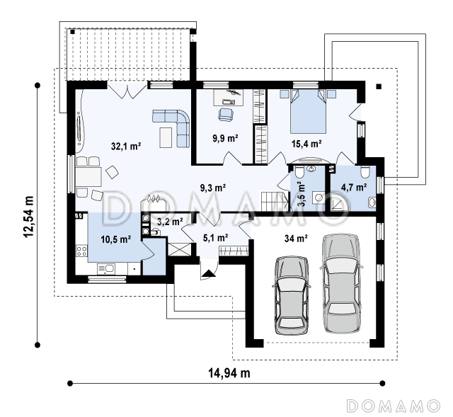 Проект одноэтажного мансардного дома из газобетона с гостевой спальней и кабинетом на первом этаже и встроенным гаражом / План 1 этажа