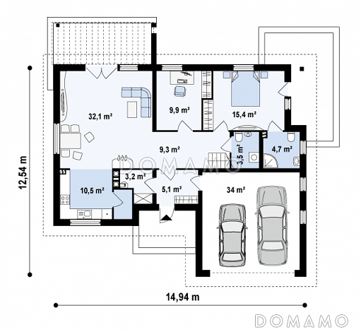 Проект одноэтажного мансардного дома из газобетона с гостевой спальней и кабинетом на первом этаже и встроенным гаражом / План 1 этажа