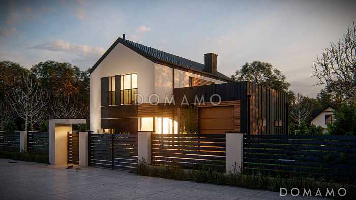 Проект двухэтажного дома с гаражом и террасой над ним, кухней с двумя окнами, кладовой