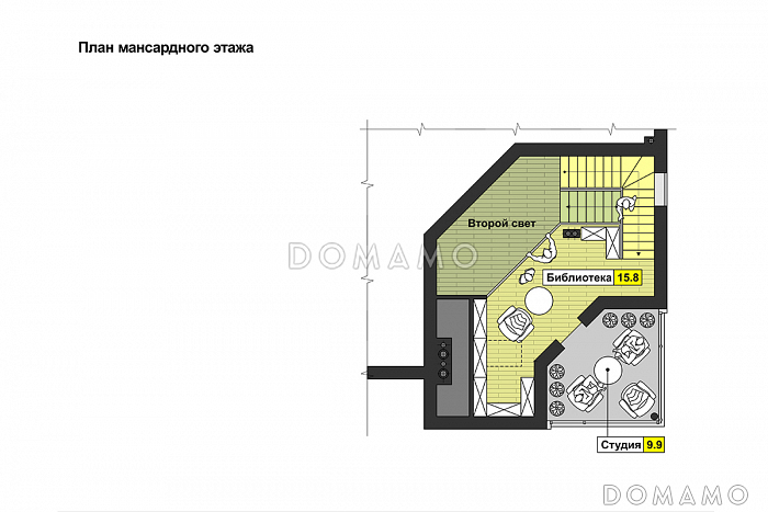 Проект квадратного загородного дома с большой гостиной, кухней-столовой, двумя террасам, комнатой с видовым окном / План мансардного этажа