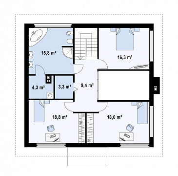 Проект простого комфортного двухэтажного дома из газобетона с тремя спальнями, вторым светом и гаражом / План 2 этажа