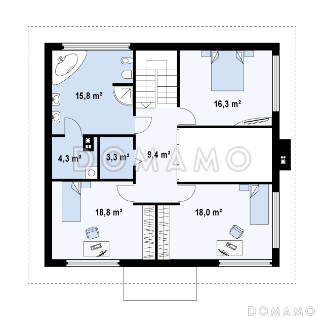 Проект простого комфортного двухэтажного дома из газобетона с тремя спальнями, вторым светом и гаражом / План 2 этажа