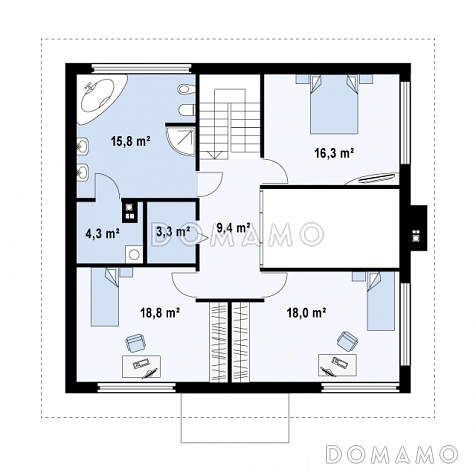 Проект простого комфортного двухэтажного дома из газобетона с тремя спальнями, вторым светом и гаражом / План 2 этажа