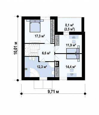 Проект загородного дома с камином, просторной гостиной, балконом, большой ванной с окном на мансарде / План мансардного этажа