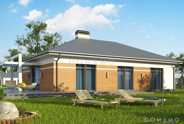 Проект углового одноэтажного дома из газобетона с облицовкой классических фасадов деревянной вагонкой и с гаражом на два автомобиля