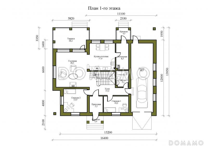 Проект двухэтажного дома из каменных блоков и бруса, с тремя балконами и террасой / План 1 этажа