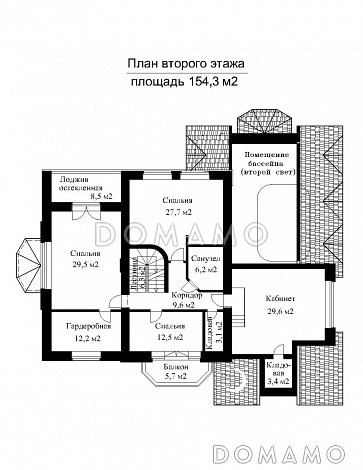 Проект импозантного особняка с гаражом на две машины, бассейном и тренажерным залом / План 2 этажа
