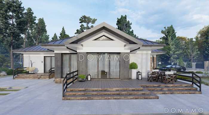 Проект дома из газобетона с двухместным гаражом и двумя террасами