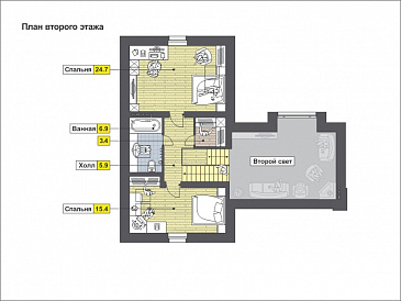 Одноэтажный дом с полукруглой террасой, просторной гостиной и кухней-столовой / План мансардного этажа