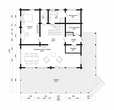 Проект дома из клееного бруса в стиле скандинавского шале с цокольным этажом / План цокольного этажа