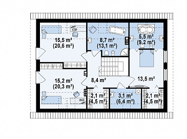 Проект одноэтажного мансардного дома из газобетона с кабинетом, открытой угловой террасой и гаражом  / План мансардного этажа